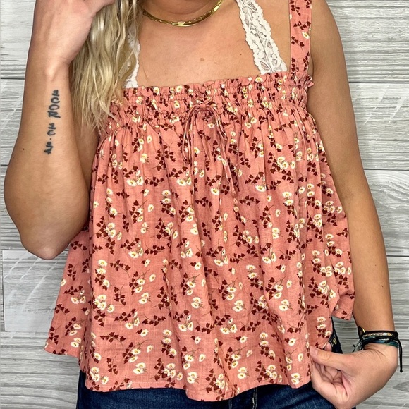 easel Tops - EASEL Floral Smocked Tank Cami Top Blush Pink Tie Boho Flower Square Neck Sz L